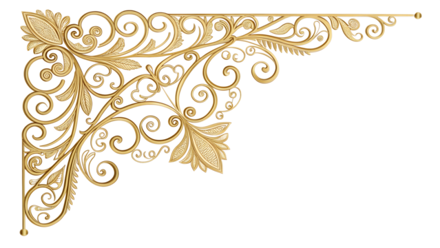 Elegant filigree corner decoration in gold on a transparent background