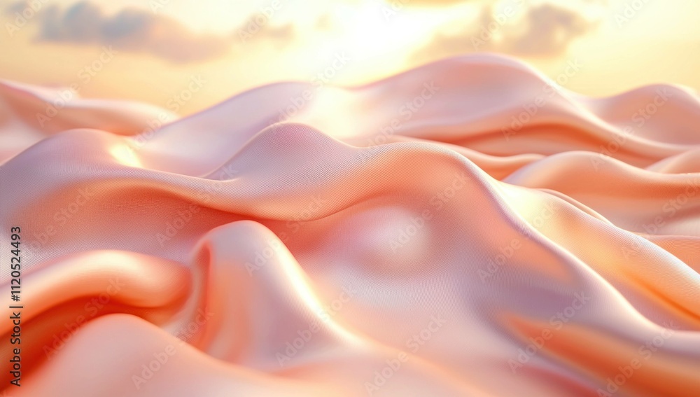 Poster soft, flowing fabric waves in warm pastel colors under a dreamy sunset sky, creating a serene and ca
