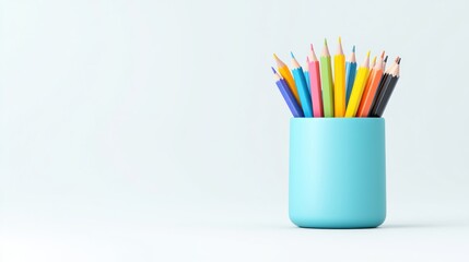 A blue container filled with colorful pencils on a light background.