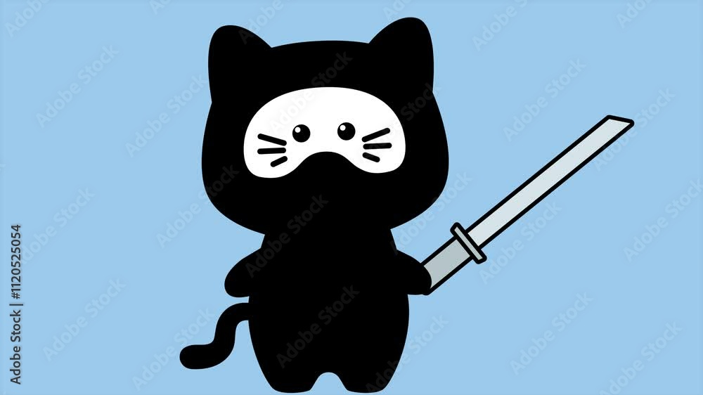 Poster cute ninja cat with sword. abstract loop animation