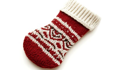 A Christmas knitted stocking isolated against a white background.