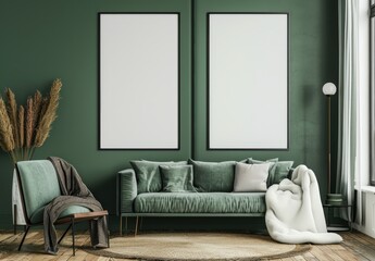 Two blank posters mockup in a green living room with a couch. armchair. and rug
