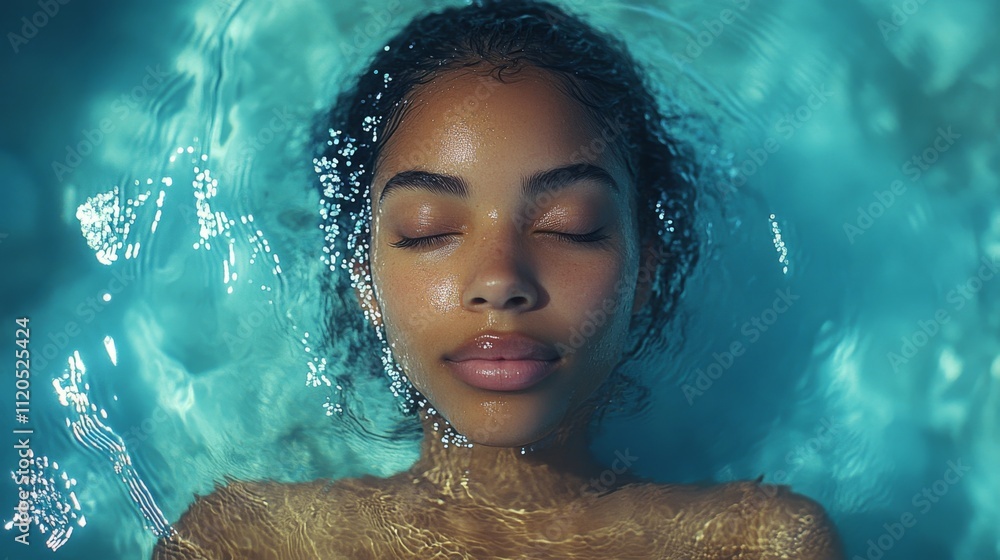 Aufkleber a young woman relaxes peacefully while floating in a shimmering pool, her eyes closed and face tranq