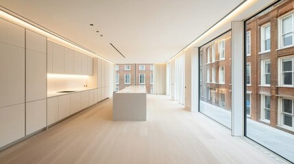 Modern kitchen interior with large windows and minimalist design.
