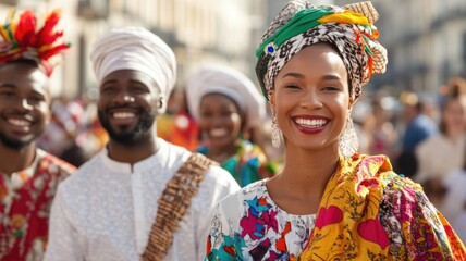 Vibrant cultural parade celebrating traditional clothing and joyful expressions
