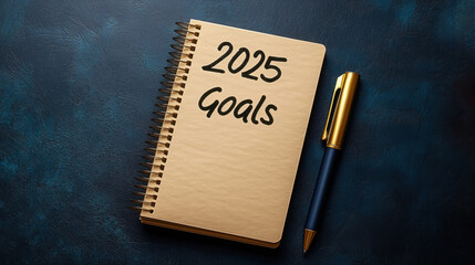 Notebook showing 2025 goals and pen on blue background