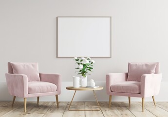 Two pink armchairs facing each other around a round wooden table with a vase of white flowers and a picture frame on a white wall