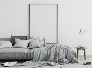 A modern living room with a grey sofa. a large empty frame hanging on the wall. a wooden side table with a vase and a blanket draped over the sofa