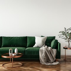 Minimalist living room interior with a green velvet sofa. a white throw blanket. and a round coffee table on a herringbone wood floor