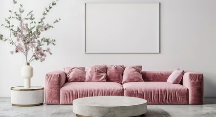 Fototapeta premium Minimalist living room with a pink sofa. a round coffee table. a vase with flowers. and a large blank picture frame