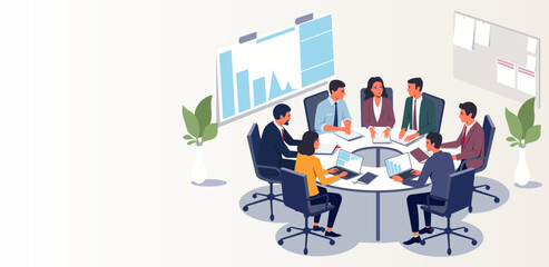 Group of professionals having a business meeting at a round table, modern graphic style, light background. Concept of teamwork. Vector illustration