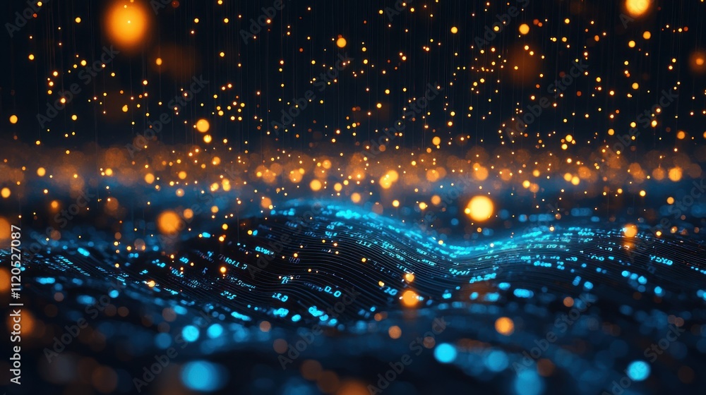 Poster abstract visualization of glowing particles and waves.