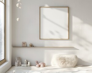 Minimalist nursery interior with a large blank picture frame. wooden shelf. fluffy rug. and toys