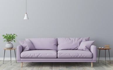 A lavender sofa with two side tables. a potted plant. and a pendant light in front of a grey wall