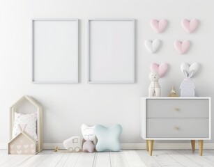 Two blank frames above a grey dresser with wooden legs and toys in a white room