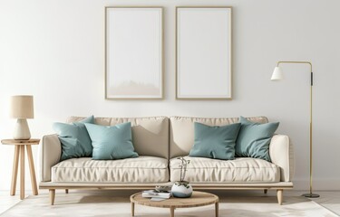 Minimalist living room interior with beige sofa. two framed pictures. a floor lamp. and a wooden coffee table