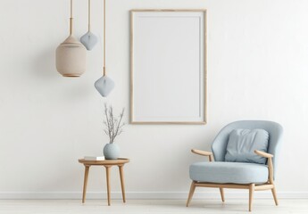 A cozy living room with a blue armchair. a wooden side table with a book. a vase with twigs. and three hanging lights The wall has a large framed picture