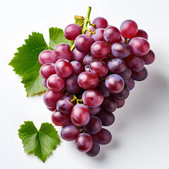 Fototapeta premium Fresh Bunch of Red Grapes with Green Leaves on White Background 