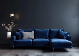 Modern living room with a blue sectional sofa. a side table. and a vase with dried flowers against a dark blue wall