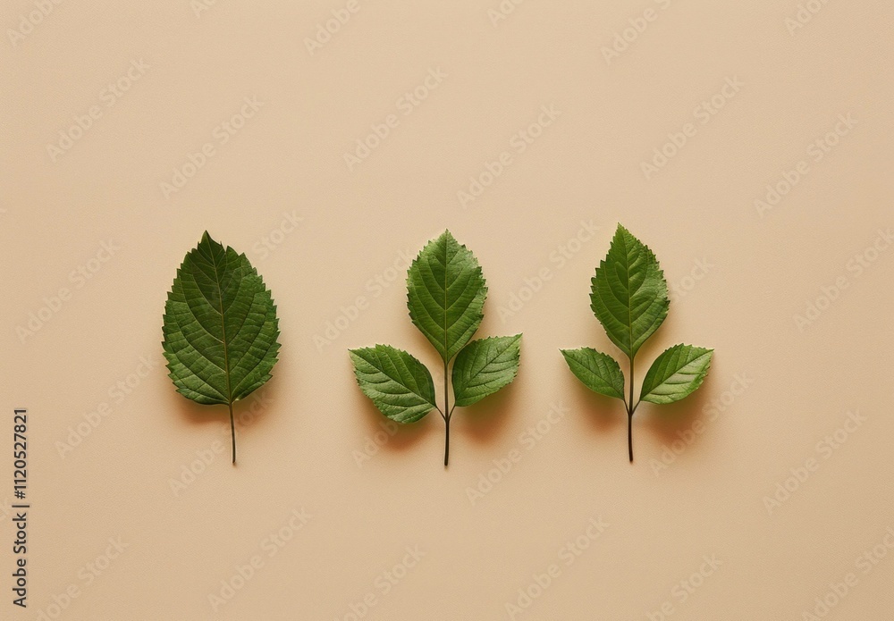 Poster three green leaves arranged in a row on a soft beige background, showcasing different shapes and siz