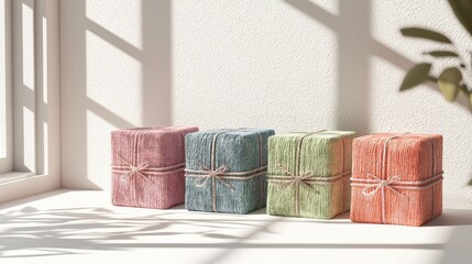 Four colorful gift boxes tied with twine, arranged by a sunlit window.
