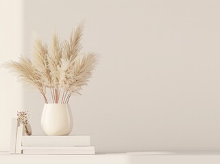 Minimalist white shelf with pampas grass in a vase. books. and decorative elements