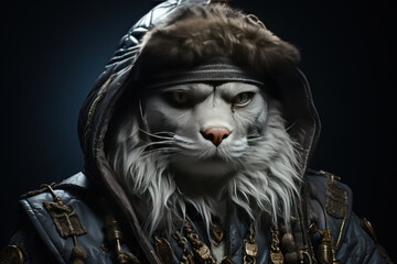 an anthropomorphic cat with white fur, wearing a dark jacket with a hood and fur trim.  