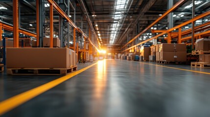 Obraz premium Bright and Spacious Warehouse with Shelves and Boxes, Industrial Interior with Warm Lighting Effect