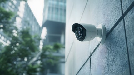 A close-up of an outdoor white security camera mounted on the side wall,