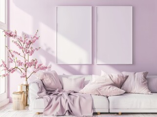 Minimalist living room with a white couch. pink throw blanket. and two empty frames. with a flowering cherry branch