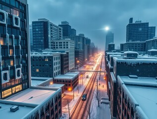 Fototapeta premium A snow-covered city with blanketed roads, houses, and parked cars, creating a serene and picturesque winter urban scene