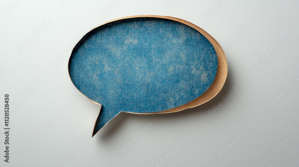 Poster This artistic representation captures a close-up view of a paper speech bubble, featuring a unique blue texture set against a light background. It invites contemplation and creativity