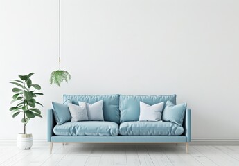 A light blue sofa sits in front of a blank wall with a plant and hanging light