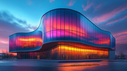 Obraz premium Modern glass building reflecting vibrant sunset colors.