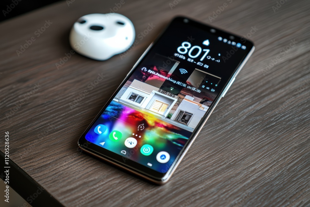 Poster smartphone displaying an app for controlling home devices on wooden table