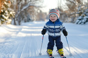Smiling child skiing on snowy path during winter adventure