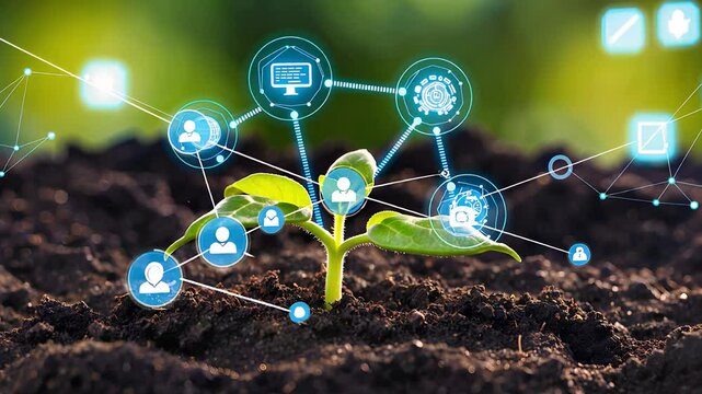 Small Plant Growing in Soil with Digital Network Icons Depicting Agricultural Technology and Smart Farming

