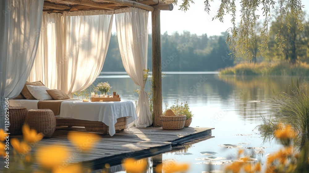 Poster a serene lakeside setting features comfortable seating adorned with light curtains. colorful flowers