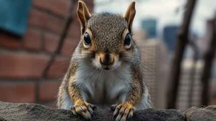 Curious squirrel looking at the camera in an urban environment