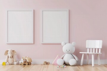 Two blank picture frames hanging on a pink wall in a child s room A stuffed elephant. teddy bear. toy truck. and other toys are on the floor