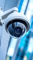 A close-up of an outdoor white security camera mounted on the side wall,