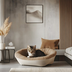 Cozy cat resting in modern living room with minimalistic decor and soft lighting