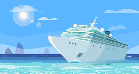White cruise ship sailing on calm ocean water, modern graphic style, sunny clear skies, concept of travel and vacations. Vector illustration