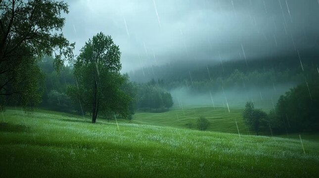 Lush green grassland hills on a rainy day with misty atmosphere  
Seamless looping 4k time-lapse virtual video animation Generated AI
