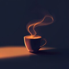 Steaming coffee cup in dim light.