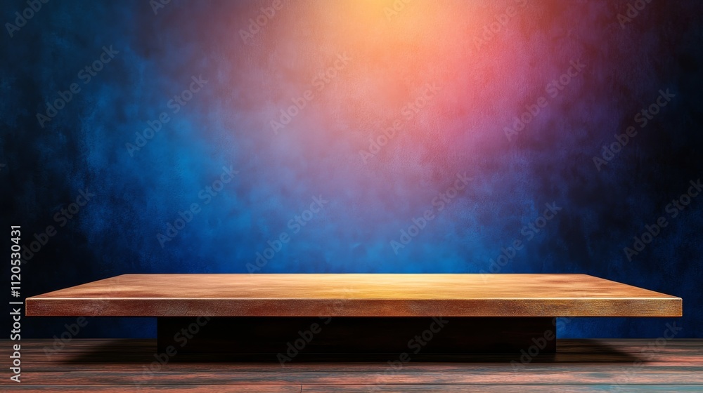 Poster A sleek metallic pedestal is softly lit in a studio against a textured deep blue background, creating a luxurious atmosphere with ample copy space