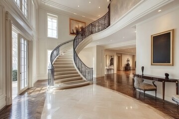 Elegant hall with high ceilings, modern artwork, and a minimalist staircase that leads to a mezzanine floor