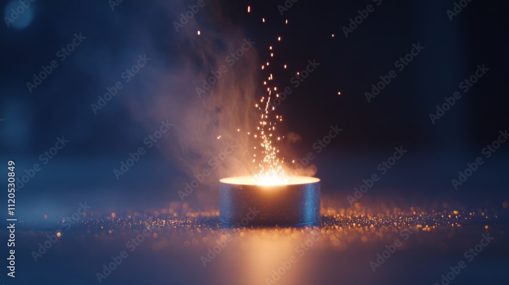 Aufkleber a single glowing coal emits tiny sparks into the air, surrounded by dark ambiance and faint smoke, c