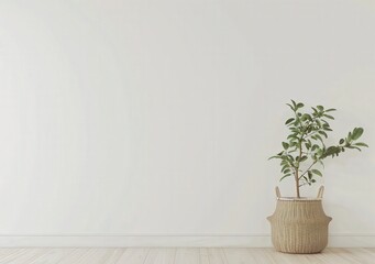 Minimalist interior with a potted plant in a woven basket against a white wall