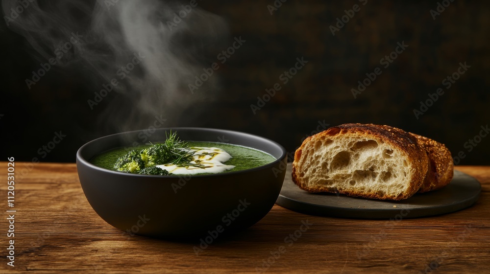 Poster a close-up of creamy broccoli soup garnished with dill and cream, paired with crusty sourdough bread
